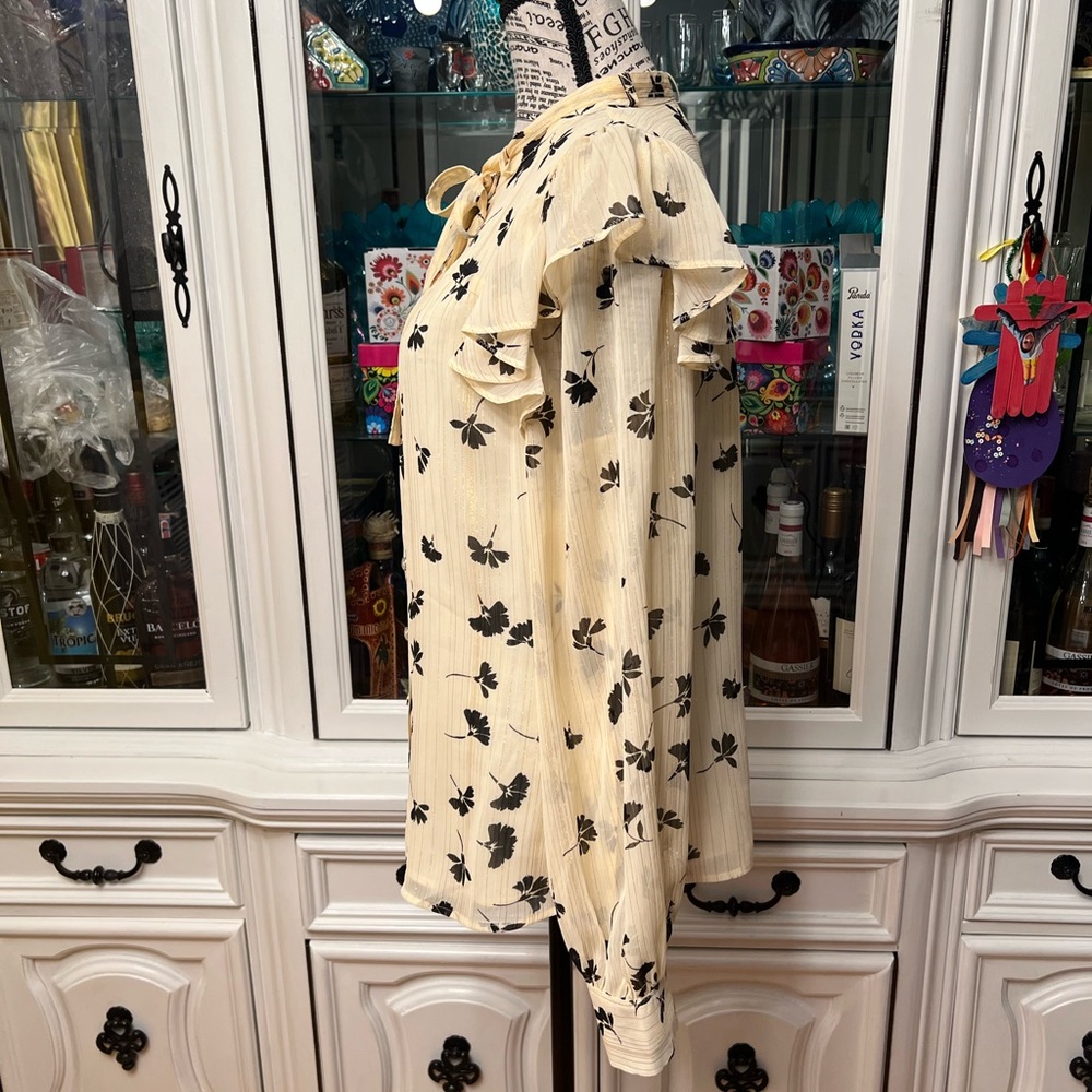 DKNY Ivory Blouse with Black Leaf Print and Gold Thread M - Picture 4 of 13